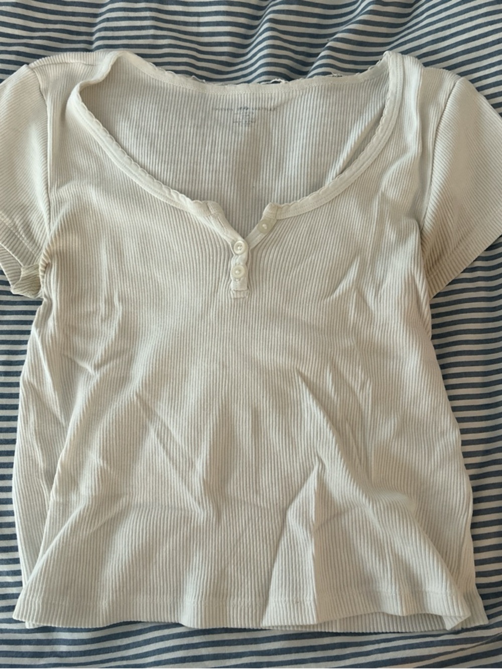 Brandy Melville Cream Ribbed Henley Short Sleeve Top